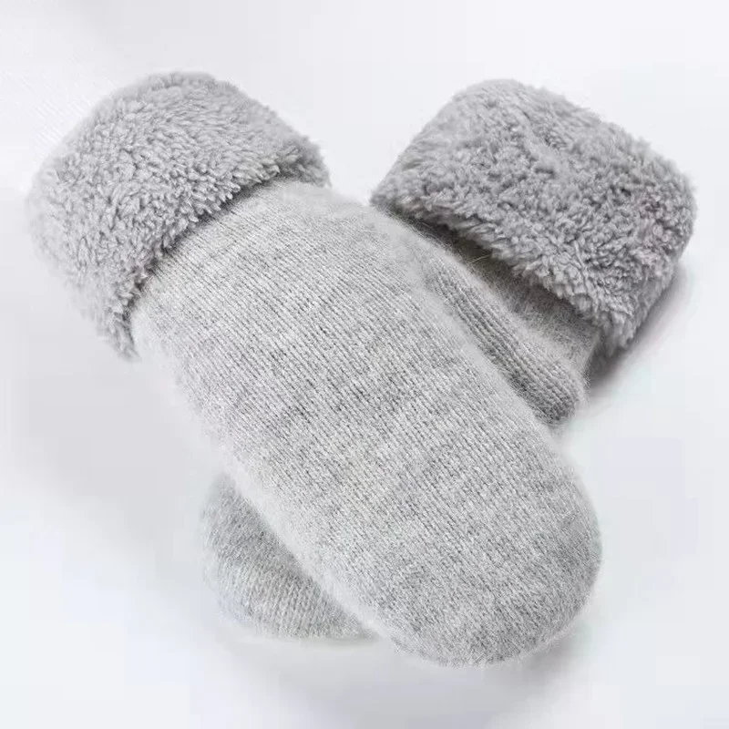 Winter Velvet Gloves Women Soft Wool Double-Layer Knitting Warm Mittens Girls Solid Color All Fingers Cashmere Gloves