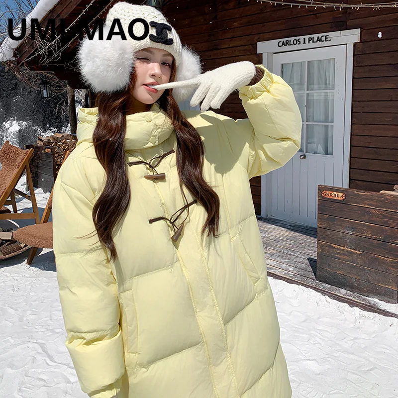 UMI MAO Winter Jacket Women's New Winter Clothing Bull Horn Button Long Hooded 90 White Duck Down Jacket Casacos Feminino