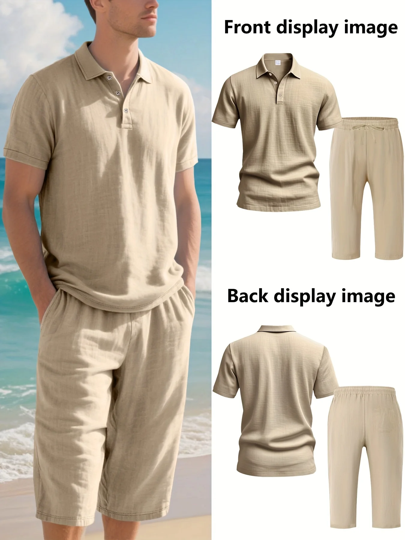 

Men's linen breathable casual set POLO short-sleeved top + seven-inch wide-leg pants summer comfortable daily two-piece set