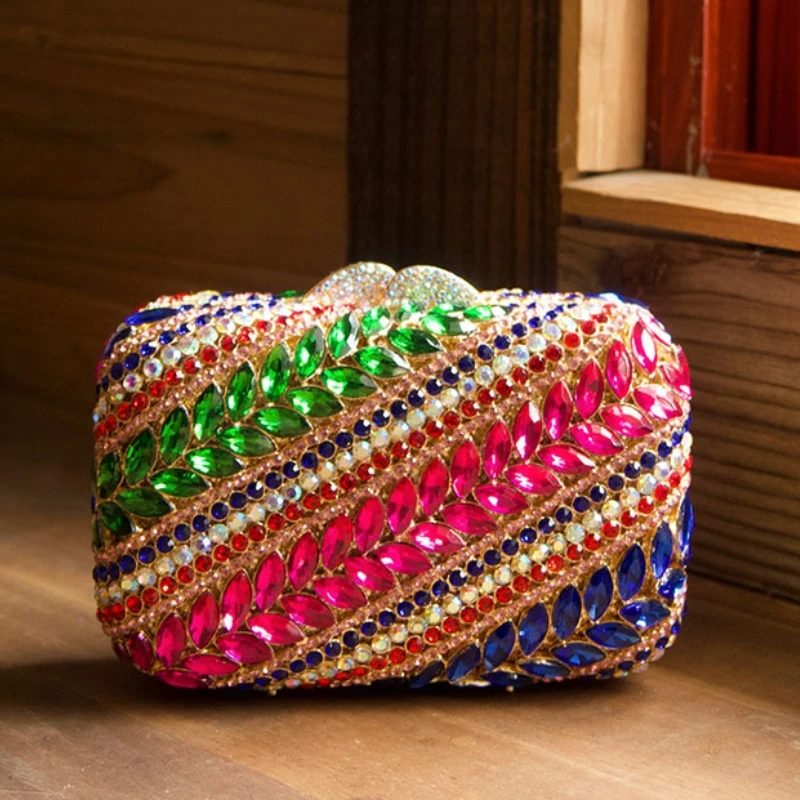 High Quality Shiny Colored Diamond Evening Bag Retro-style Bridal Rhinestone Clutch Bag Wedding Party Evening Purses and Handbag