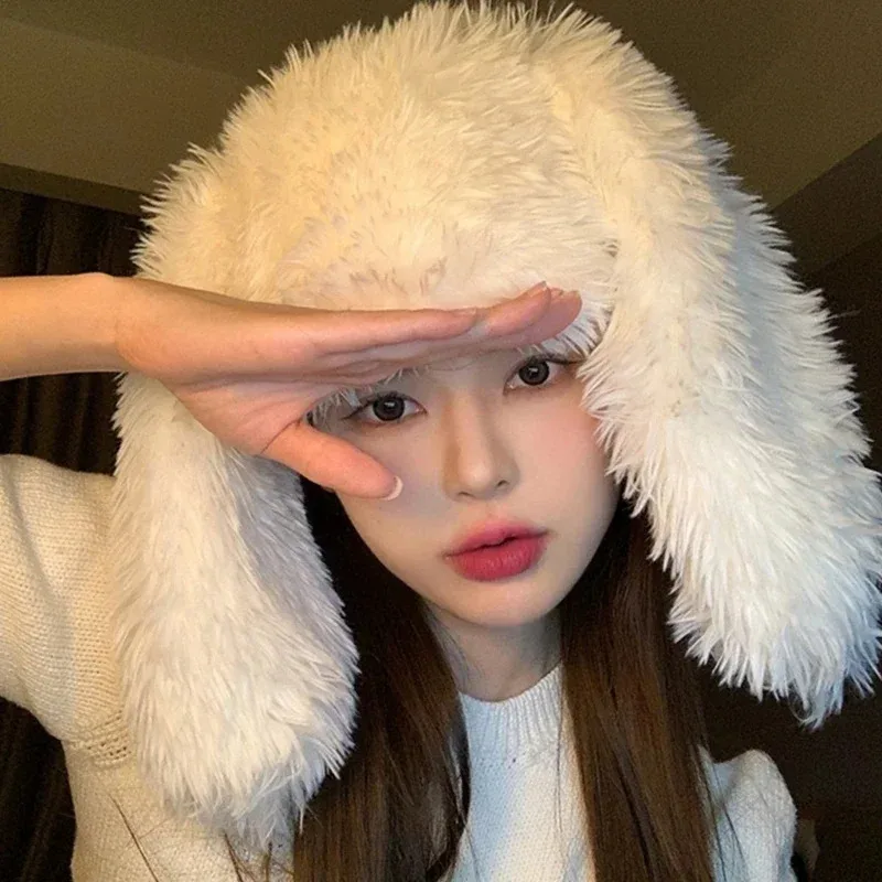 

Однотонная плюшевая шапка унисекс, длинная шапка в форме заячьих ушей, теплая пушистая зимняя плюшевая теплая лыжная шапка для взрослых подростков F