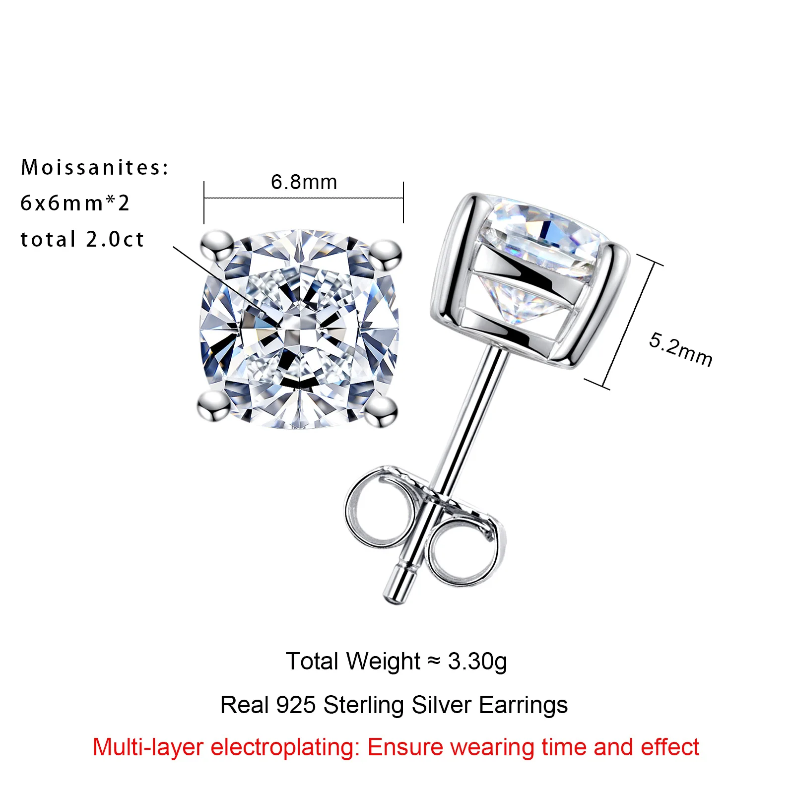 AnuJewel 1cttw-6cttw Cushion Moissanit-Ohrringe 925 Sterling Silber D-Farbe VVS1 Moissanit Klassische Ohrstecker für Damen – Detail 2