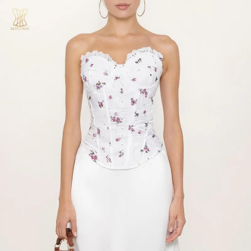 

summer overbust white corset top floral print korset Bustier Fresh Fashion strapless Crop Top for women Clothing