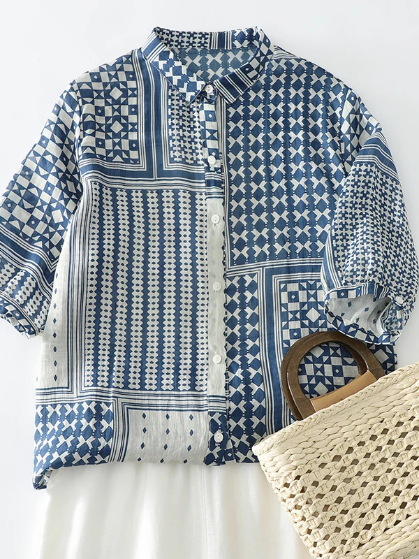 

Loose Short Sleeve Women's Shirt Floral Print Ethnic Style Top plus Size Casual Wear Summer Season Flip Collar Single Button