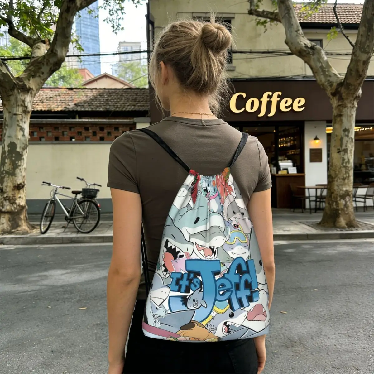 Cute Jeff The Land Shark Cartoon Backpacks Casual Drawstring Bags Sundries Bag Book Bags for Travel School