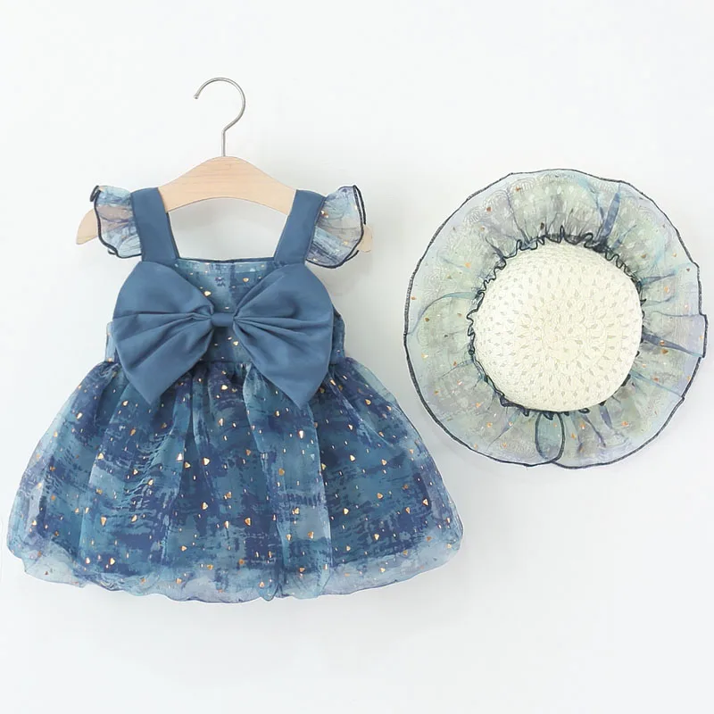

Summer Blue Dresses For Girls Korean Kids Clothes Fashion Mesh Cute Bow Sleeveless Princess Toddler Dress+Sunhat Baby Sets B083