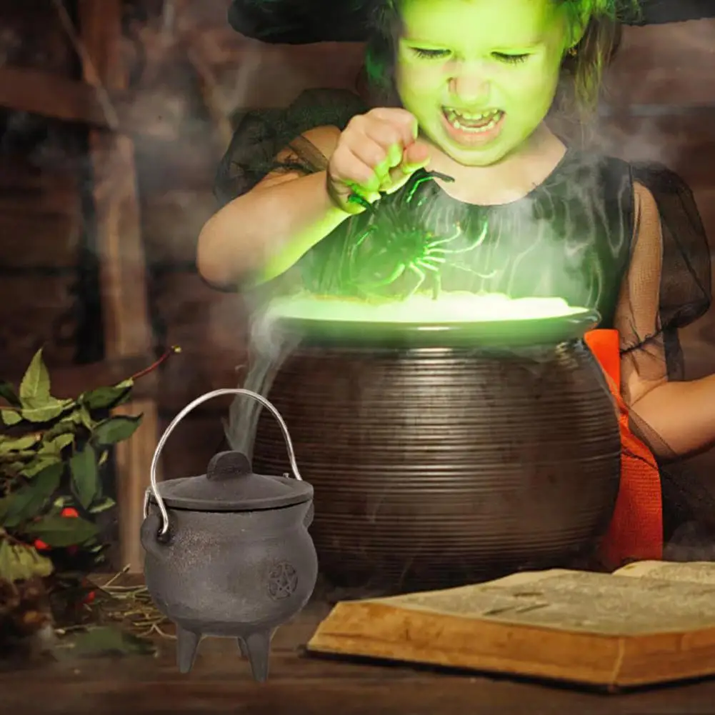 Incense Burning Pot Portable Mini Cast Iron Cauldron Halloween Witch Pot with Lid Heat-resistant Incense Burning Party