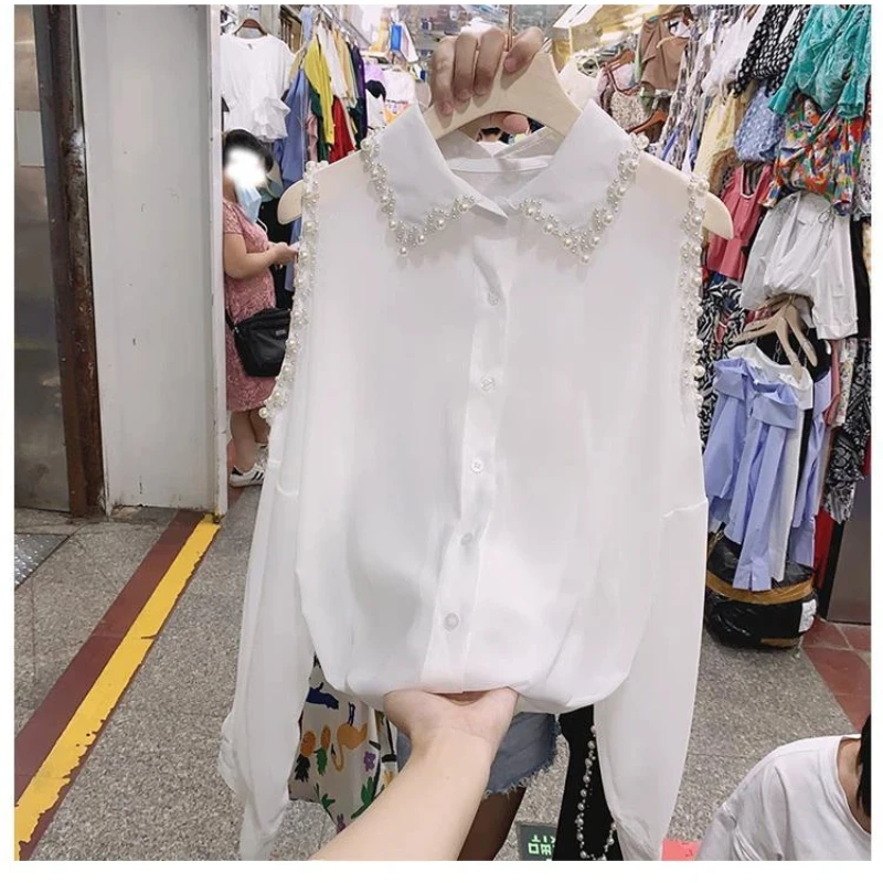 Women Clothing Y2K Chiffon Loose Off Shoulder Blouse Spring Summer Polo Neck Hollow Out Solid Sexy Shirt Tops Vintage Fashion