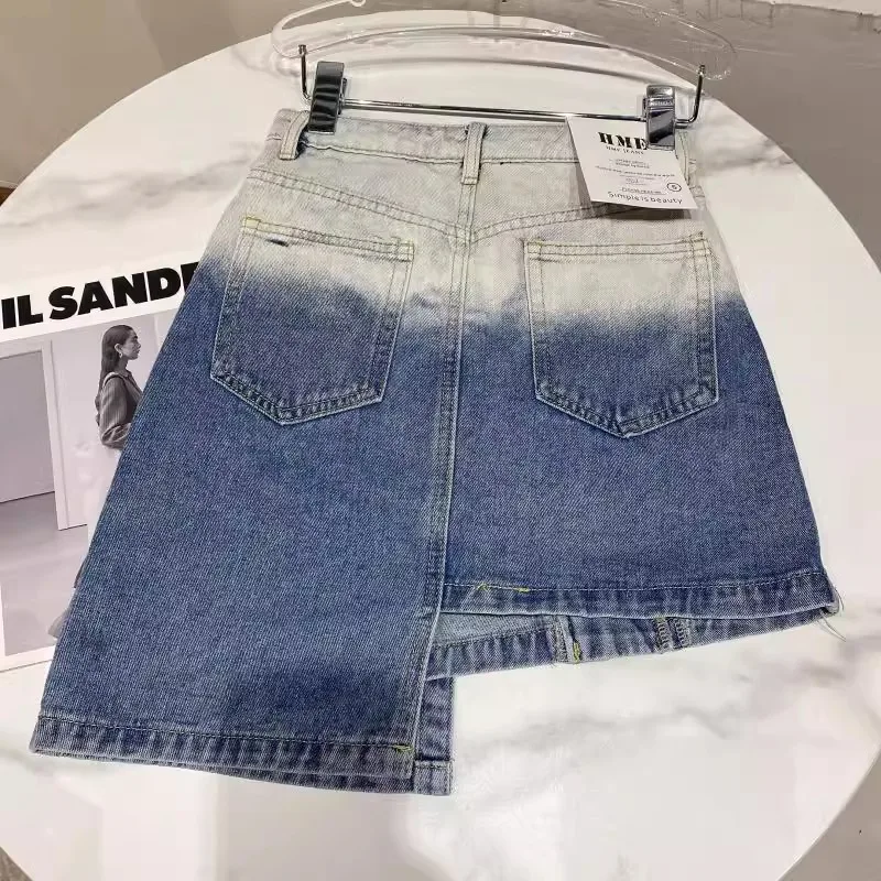 Saia curta de jeans feminina, Senso Design Feminino, Anti-Exposição, Gradiente, Irregular, Cintura alta, Fino, Verão, Novo, 2022