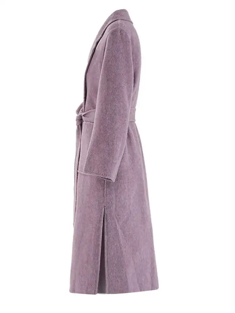 ZMEENNA Purple Pocket Belted Big Size Long Woolen Coat New Lapel Long Sleeve Women Jacket Fashion Tide Autumn Winter 2024 ZM453