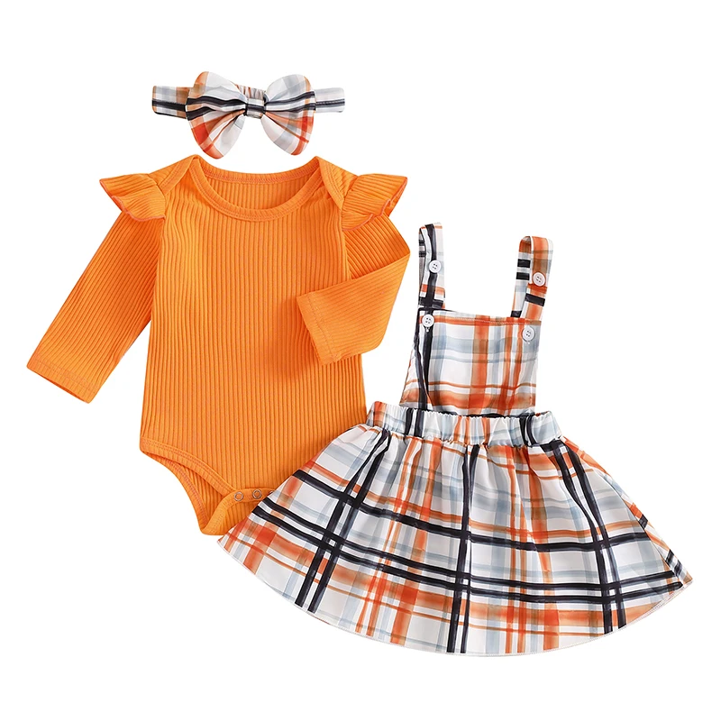 

Baby Girl Fall Outfit Ruffle Long Sleeve Ribbed Romper Plaid Suspender Skirt Bow Headband 3 Piece Set