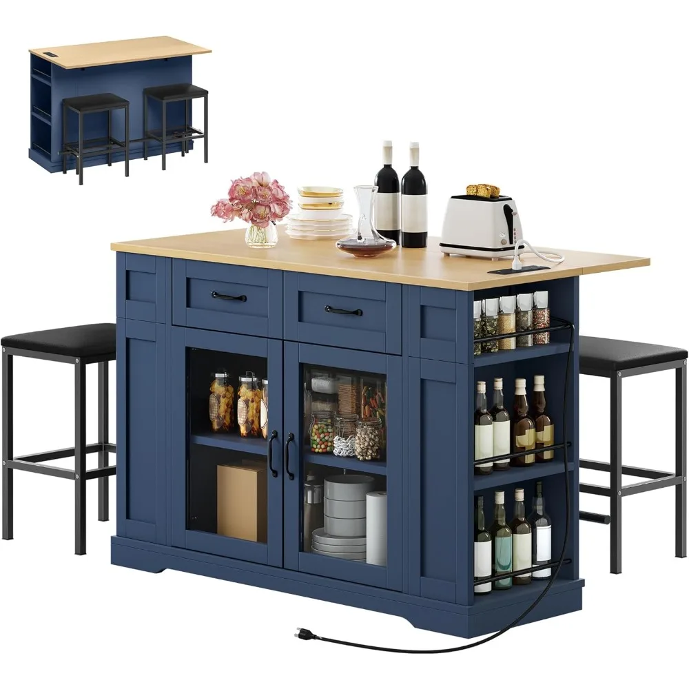 

Kitchen Island with Seating, 47 Inch Mobile Storage Island with Drop Leaf, Rolling Islands Table with Power Outlet & Spice Rack