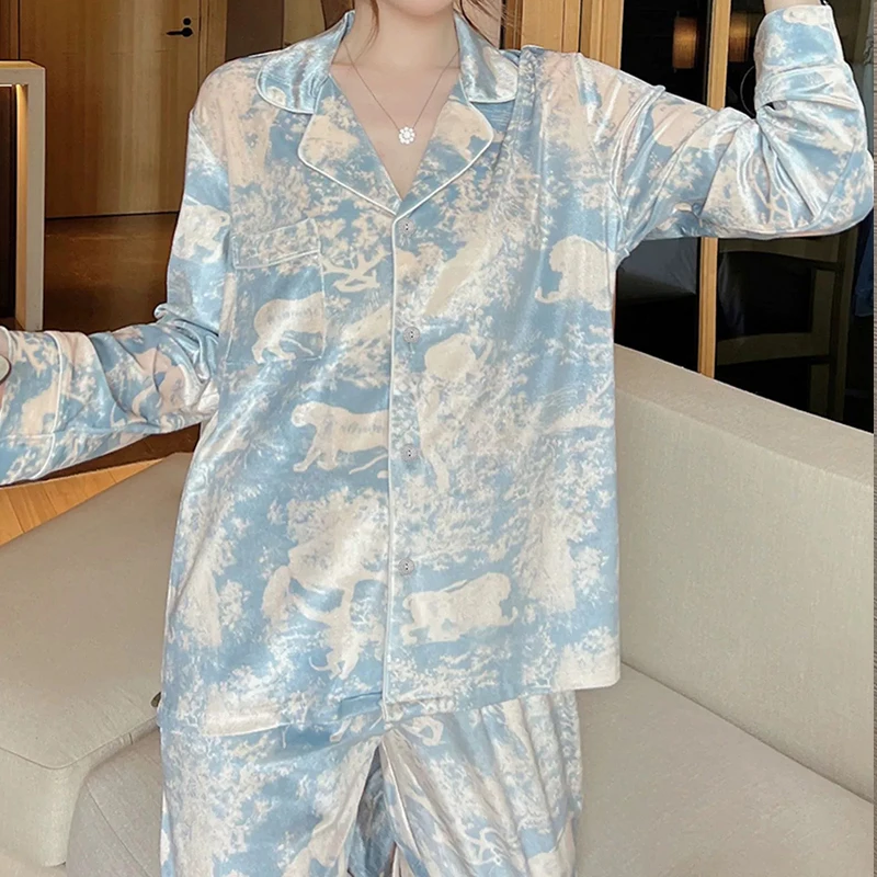 2024 Spring Autumn New Ice Silk Soft Clothes Sets Lapel Button Cardigan Women Sets Luxury Two Pieces Blue Bandhnu Women Pajama