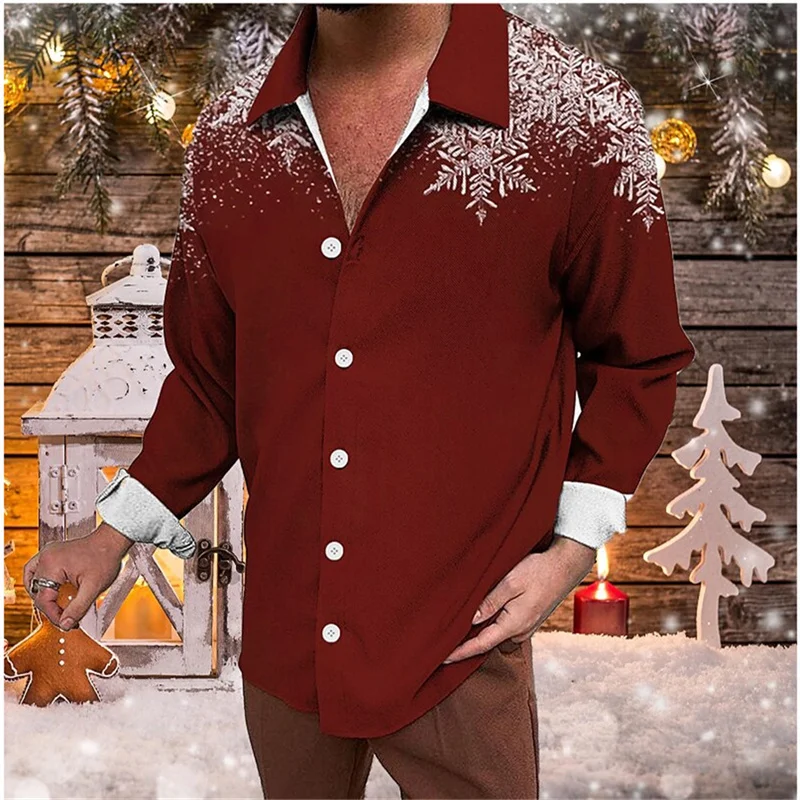 Happy New Year Men\'s Shirt Christmas Party Print Lapel Long Sleeve Shirt All-match Large Size Fashion Personality Shirt