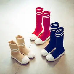 Children's Boots Spring and Autumn New Girls' High Boots Girls' Breathable Mesh Socks Boots Children's Flying Sports Shoes23-37