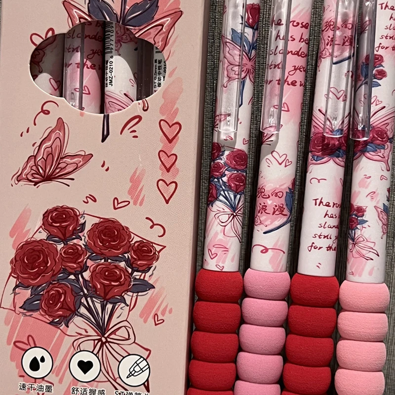 Bolígrafo de Gel de mariposa Kawaii, 4 piezas, tinta negra ST Nib, escritura suave, agarre suave, esponja, accesorios para la escuela y la Oficina, suministros de papelería