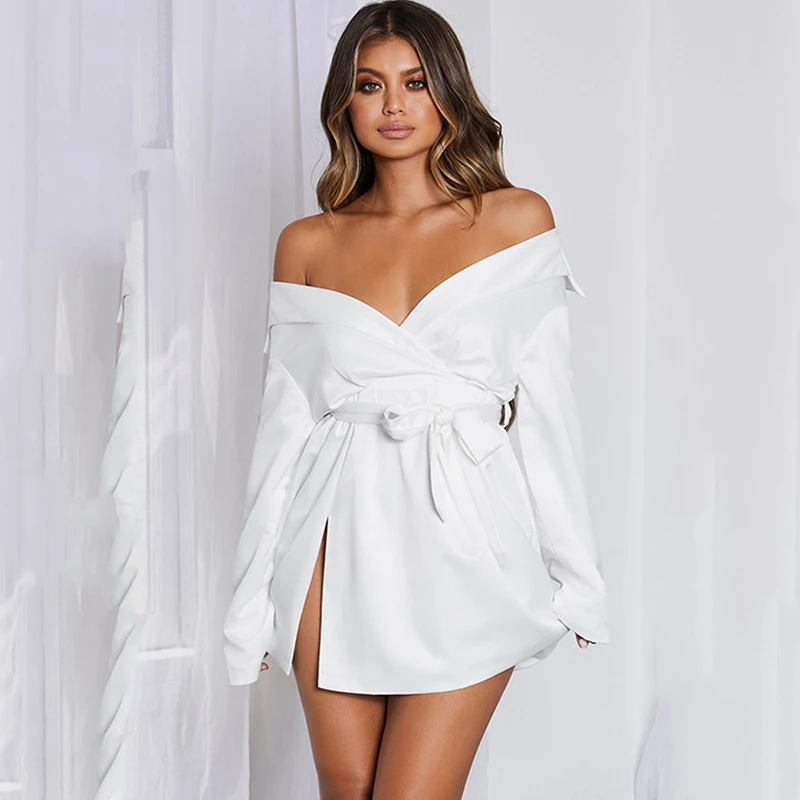 

Autumn New Long Sleeve Slik Dresses Elegant Women White Pink V-Neck Sashes Mini Short Split Dress for Ladies Party Club Robe XL