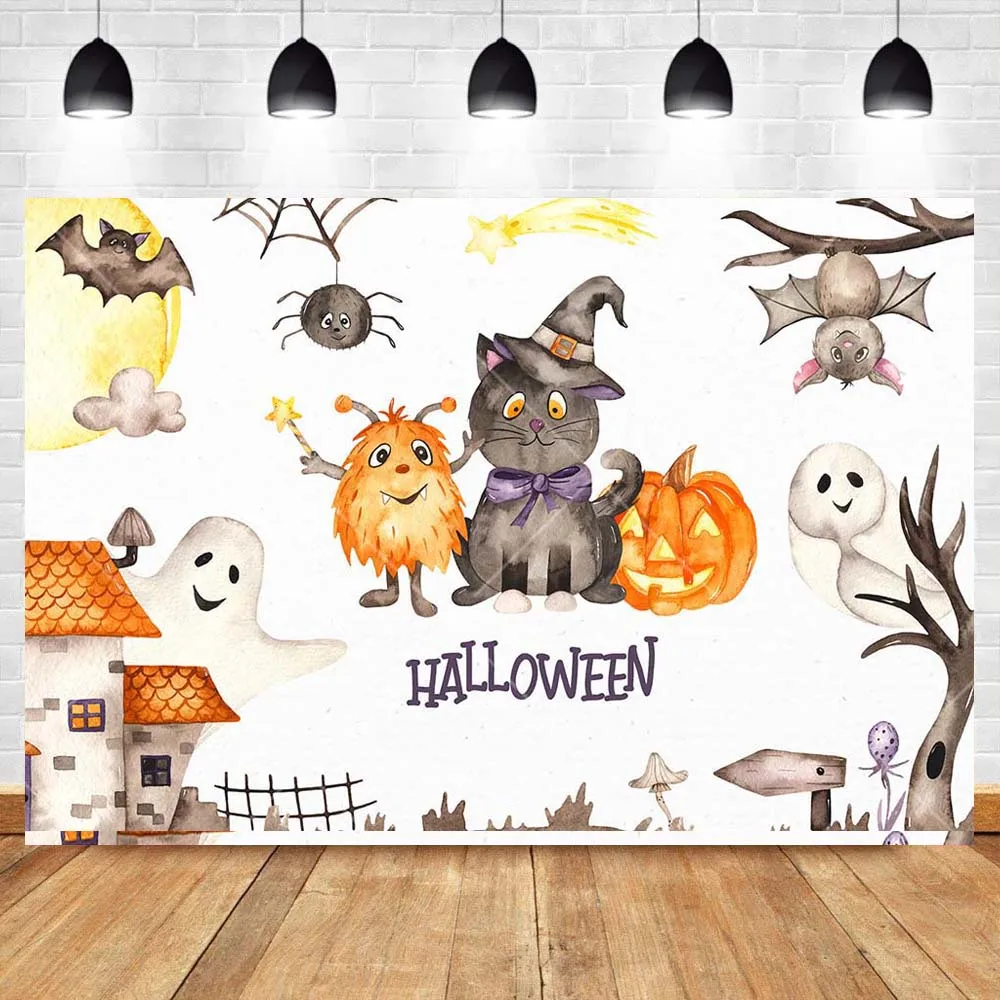 Cartoon Painting Halloween Backdrops Custom Cute Ghost Evil Bat Pumpkins Family Party Decor Banner Photography Background Props