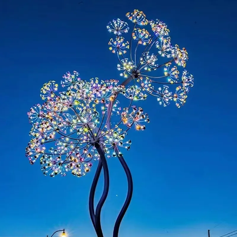 Triple Curved Stem Wire Frame Plant Sculpture Multi Branch Round Pod Cluster Large Square Park Outdoor Landscape Metal Ornament