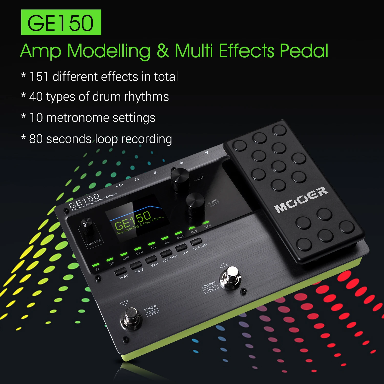 MOOER GE150 Amp Modelling & Multi Effects Pedal 55 Amplifier Models 151 Effects 80s Looper 40 Drum Rhythms 10 Metronome Tap Temp