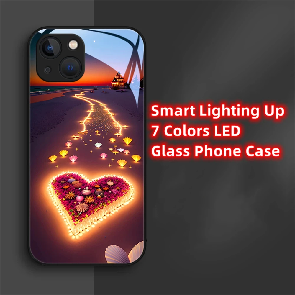 

Heart Beach LED Light Glowing Luminous Tempered Glass TPU Border Phone Case For iPhone 16 15 14 13 12 11 Pro Max XR XS Plus