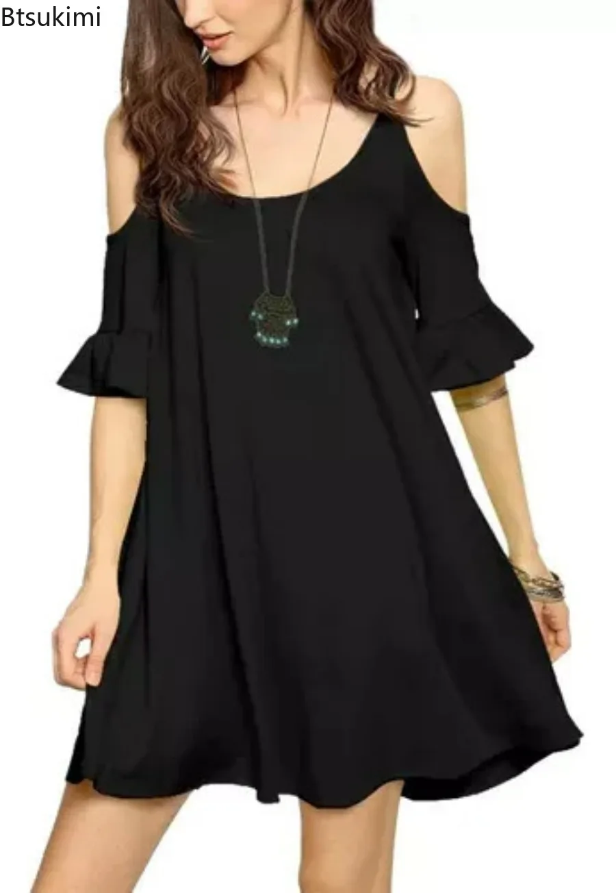 

New 2024 Women's Summer Off Shoulder Ruffle Sleeve Fashion Dress Solid Casual Loose Dress Female Oversized Robe Dress Sundress