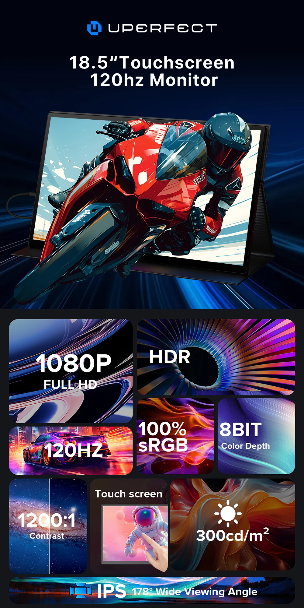 UPERFECT 18,5-Zoll tragbarer Monitor mit Touchscreen, 120 Hz Gaming-Display, 300 Nits, 1080P FHD IPS, 100 % sRGB, VESA & Smart Case, USB-C & MINI HDMI, Reise-Touchscreen mit 10 Berührungspunkten für Laptop, Computer, Spielekonsolen – Detail 2