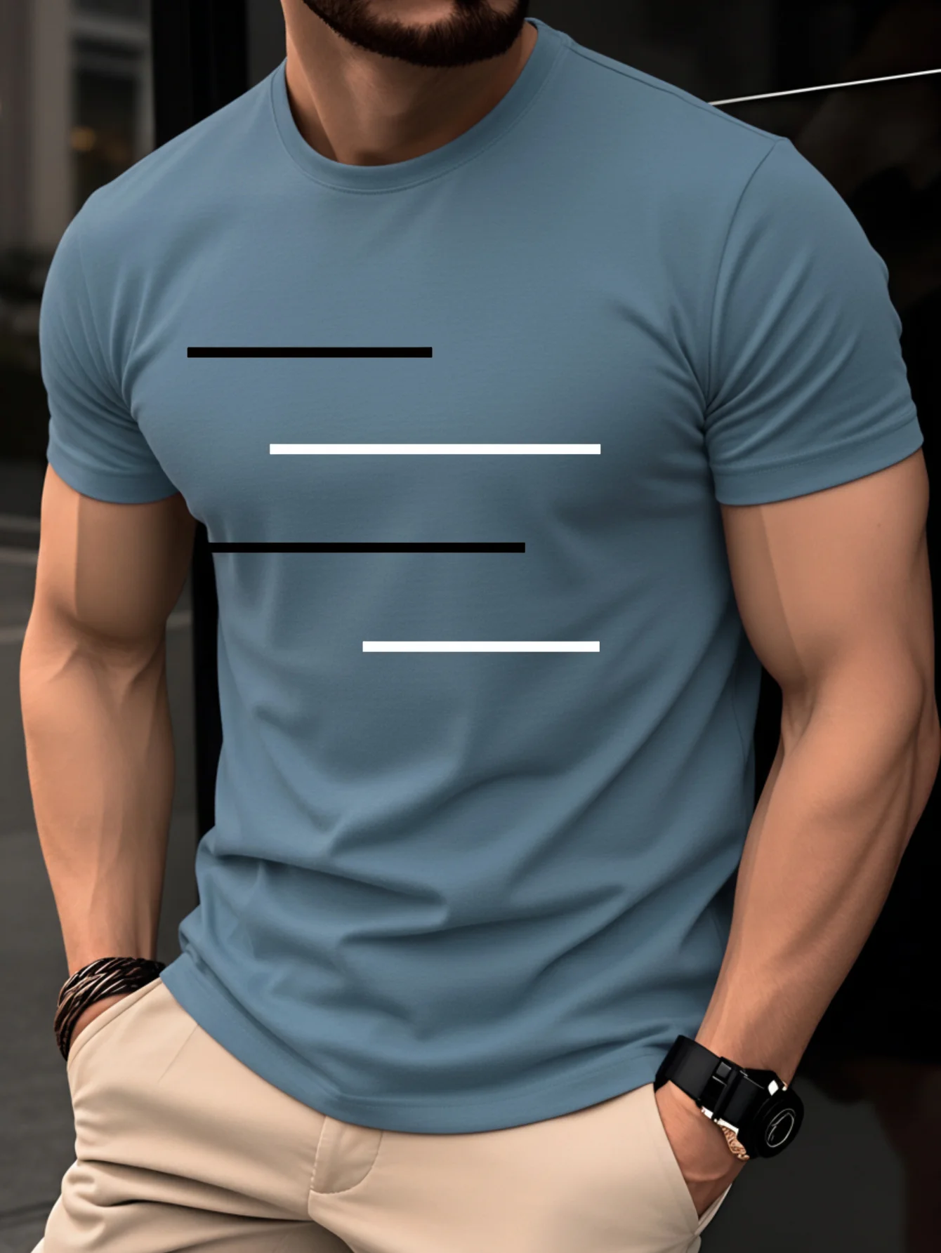 Men's Summer 100% Pure Cotton Casual Loose Black and White Lines Simple Geometric Pattern Round Neck Short Sleeved T-Shirt