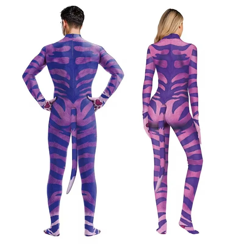 ชุดบอดี้สูทลายเสือดาวสีม่วงสำหรับผู้ใหญ่ ชุดแฟนซีฮาโลวีน ชุดจั๊มสูทแบบ unisex พร้อมหางด้านหลังและซิป ชุดคอสเพลย์