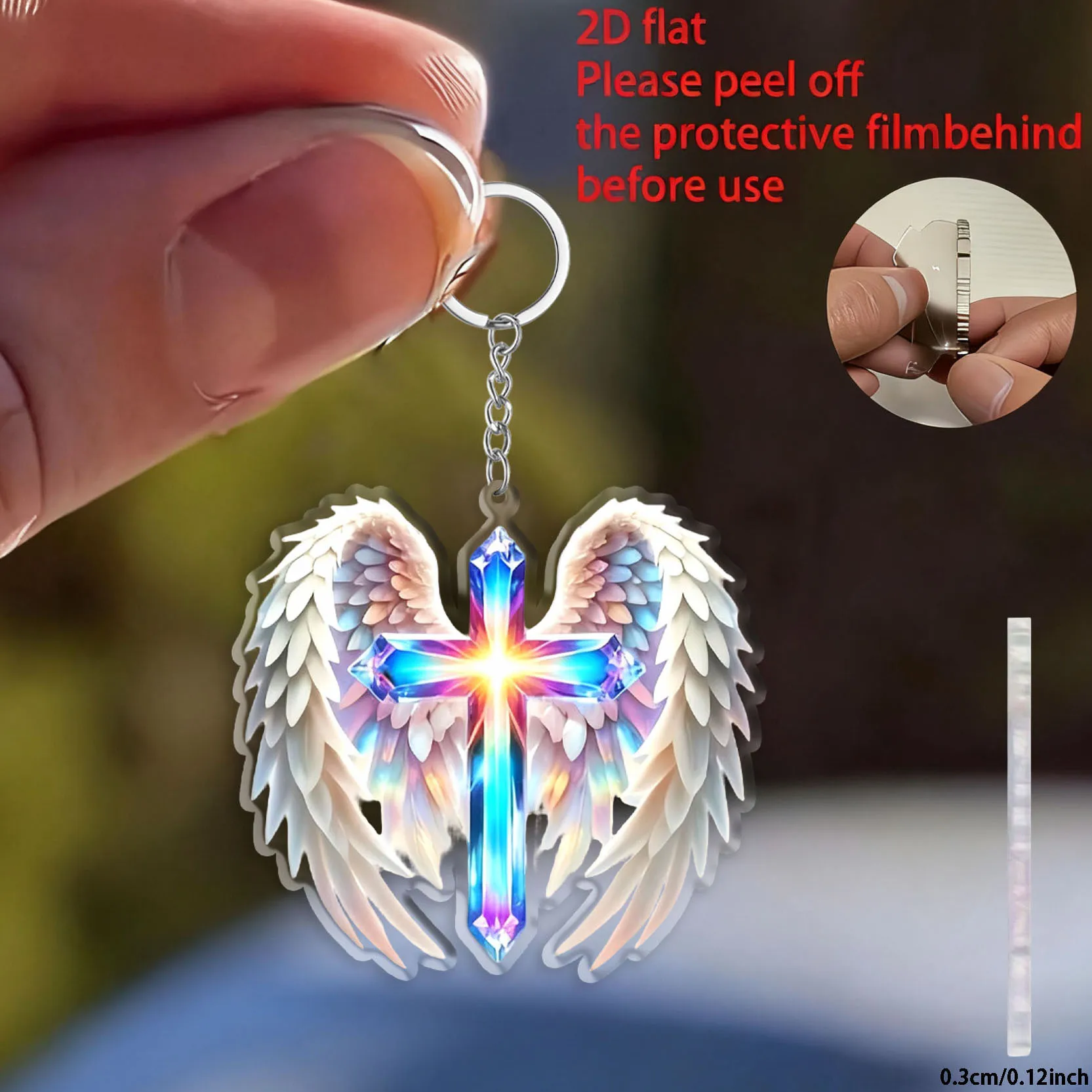 2D Flat Angel Wings Cross Keychain, Rainbow Cross Car Key Ring, Backpack Bag & Phone Hanging Charm, Lovely Gift for Women Girls