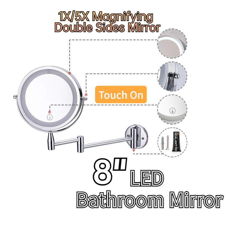 

LED Wall-mounted Makeup Mirror, Makeup Mirror, Touch On Beauty Mirrors, 8 ", 5X Amplify