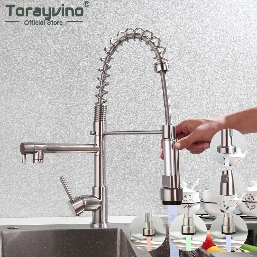 Torayvino Pull Up Down Kitchen Faucet Nickel Brushed Vessel Sink Faucet Deck Mounted Faucet Washbasin Water Mixer Water Tap