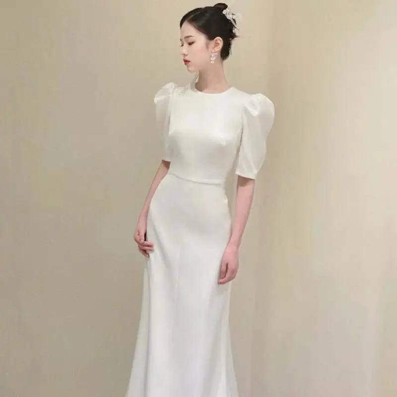 Vintage Puff Sleeve Wedding Dress Classic O-neck Elegant Mermaid Wedding Dresses New Fashion Simple Satin Vestidos De Novia