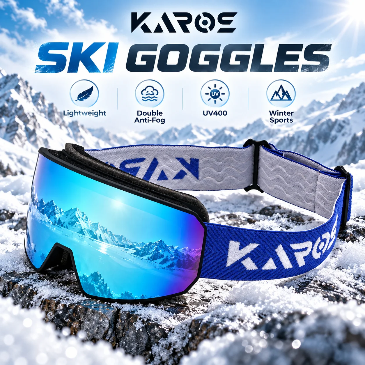 KAROS Unisex Ski Snowboard Goggles Stylish Reflective Lens UV400 Anti Fog Lightweight Winter Outdoor Sports Snowmobile Glasses