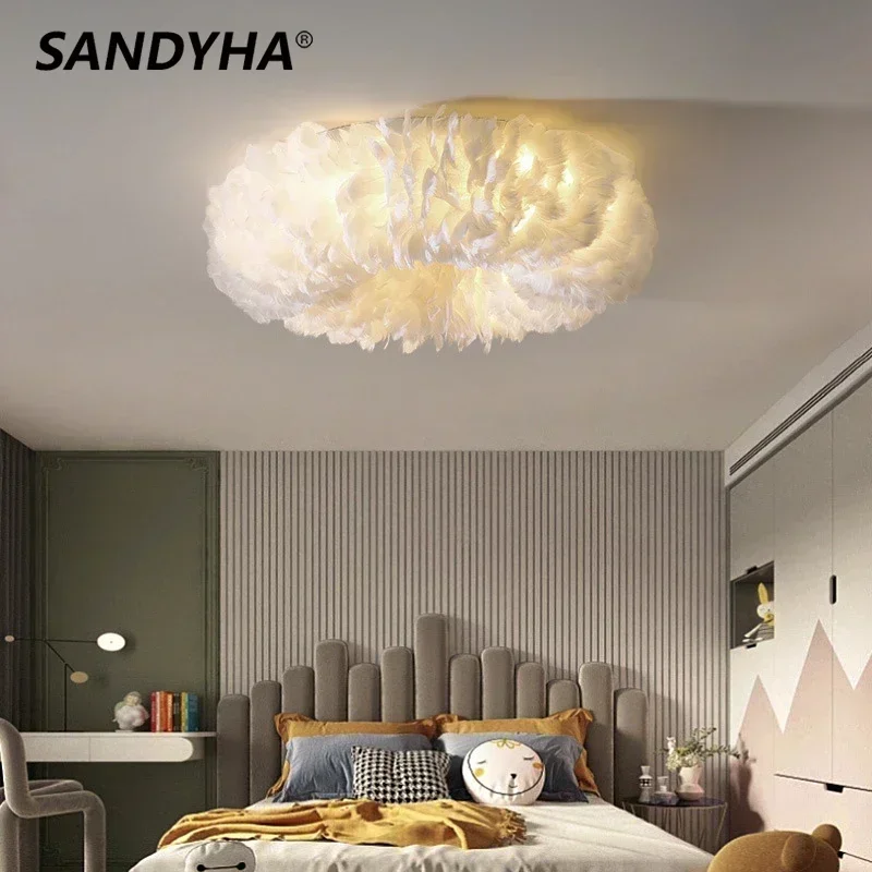 

SANDYHA Nordic Modern Simple Romantic Warm Ceiling Lamp Creative Feather Led Lights for Bedroom Living Room Home Decor Fixtures