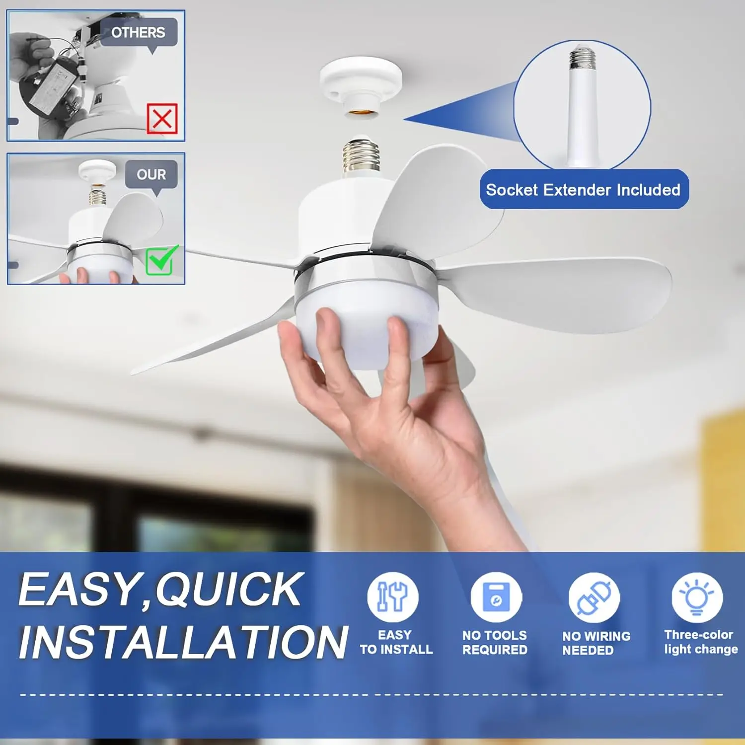 Socket Fan Light with Remote, Small Ceiling Fan with LED, E26/E27+B22 Cordless Light Screw Fan for Kitchen Bedroom, Small Room view 4