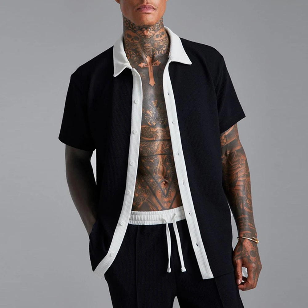 

2023 Autumn Mens Casual Sports Travel Loose Vacation Suit Contrast Color Short-Sleeved Shirt Cardigan Shorts Two-piece Set