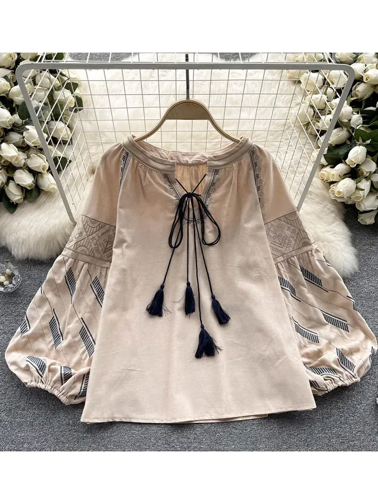 Women Sprin Autumn Blouse New Chinese Style Retro Loose Embroidered Lantern Sleeves Versatile Loose Long Sleeve Shirt Top D3554