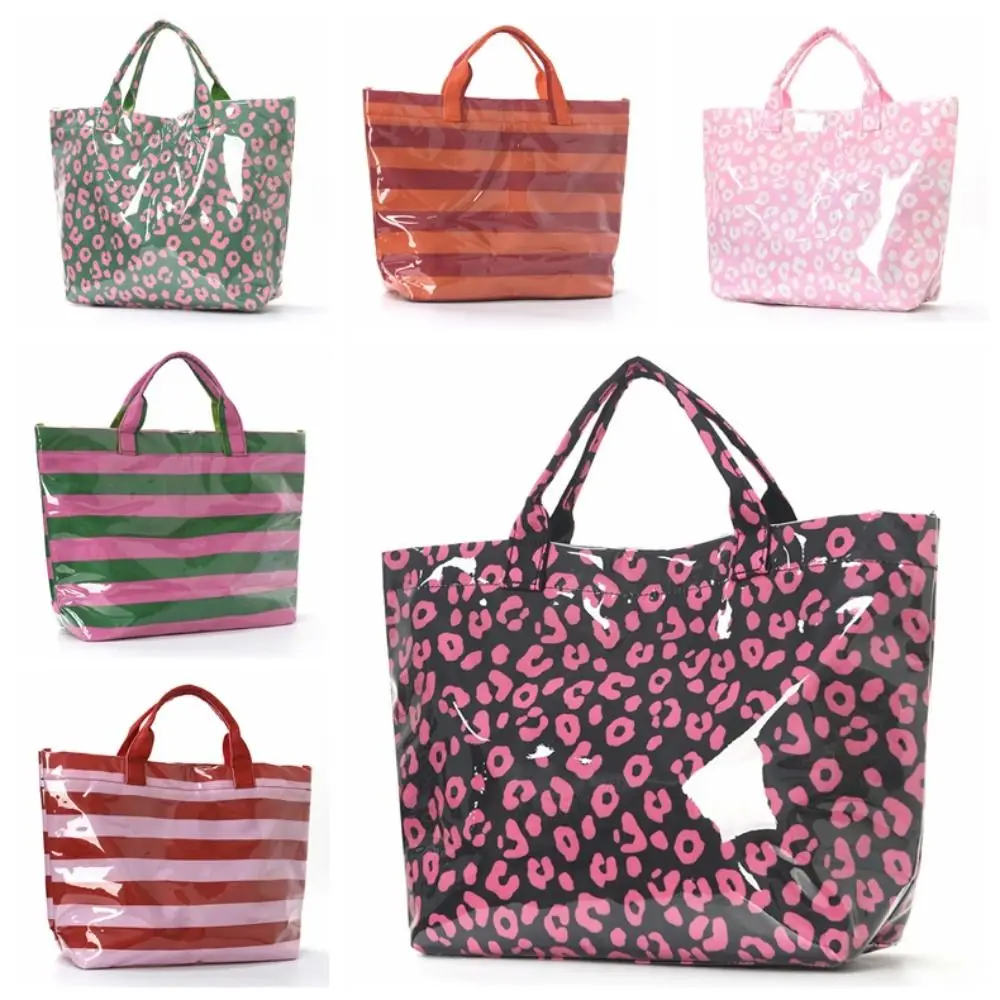 Gestreifte PVC-Tragetasche für Damen, wasserdicht, große Kunststoff-Handtasche mit Henkel, Leopardenmuster, große Kapazität, Strandtasche für Strand und Pool