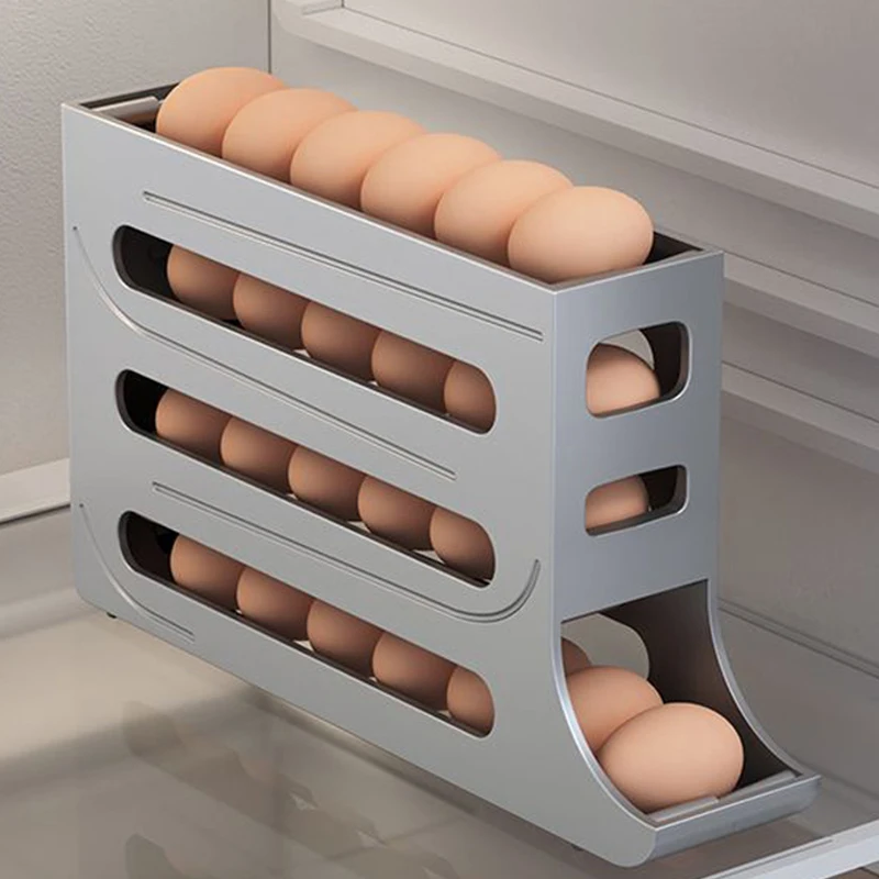 

4 Layer Slide Egg Storage Box Refrigerator Side Door Storage Box Automatic Rolling Egg Holder Kitchen Egg Dispenser Organizer