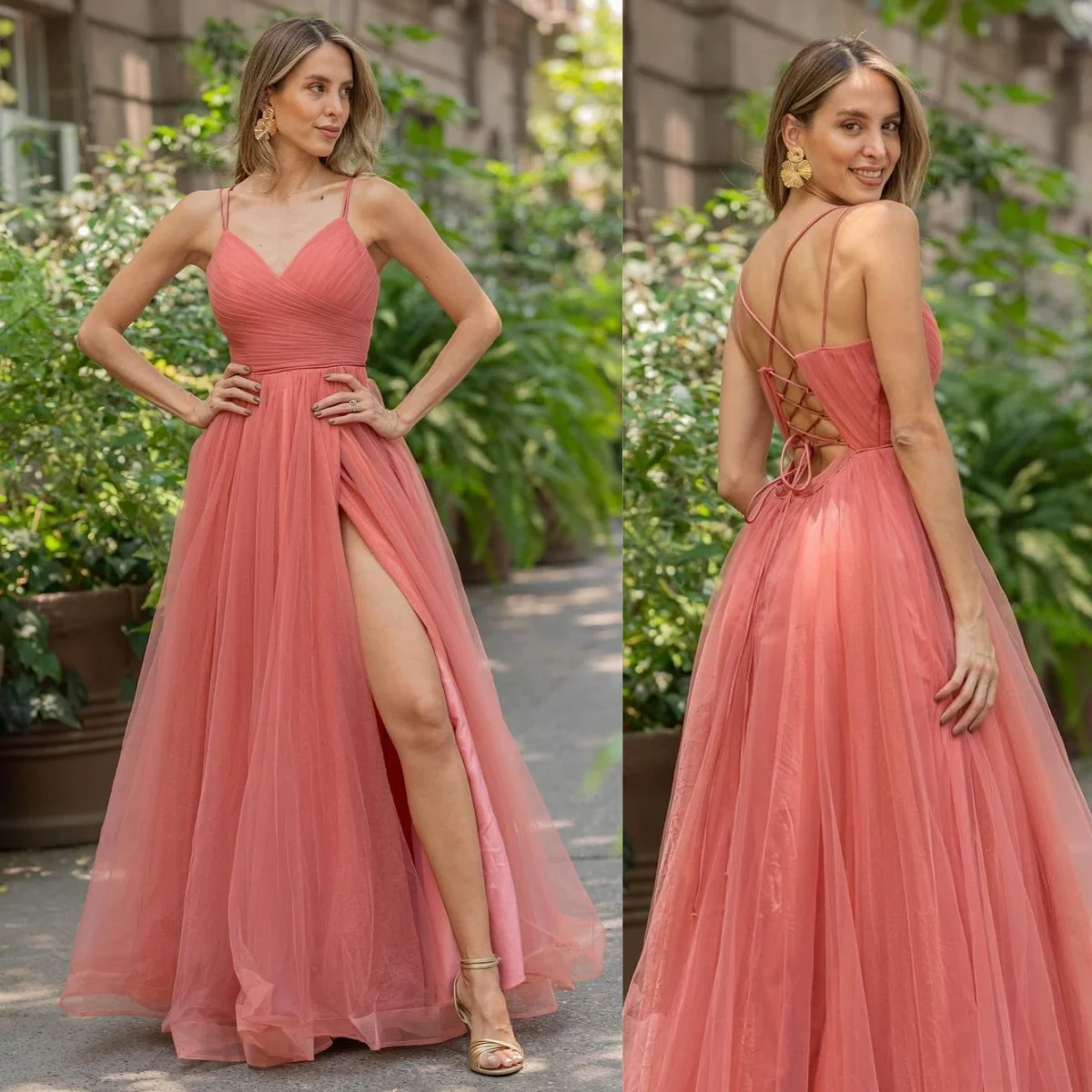 

Tulle V-neck Spaghetti Straps Prom Dresses Pleated Ruched High Split Bridesmaid Dress Wedding Guest Simple Party & Vacation Wear