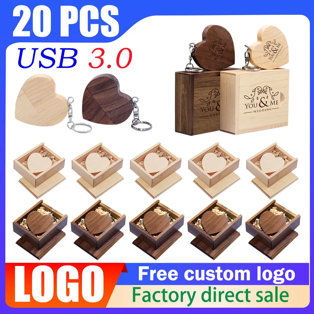 

20pcs/lot Wooden Heart + BOX USB Flash Drive Pendrive 64GB 32GB 16GB 8GB 128GB 4GB U Disk Photography Wedding Gifts U Disk 3.0