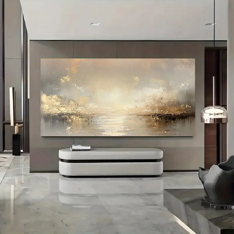 Large Abstract Beige and Golden Textured Oil Painting – Frameless Wall Art for Living Room, Bedroom, Home Office Wall Decor