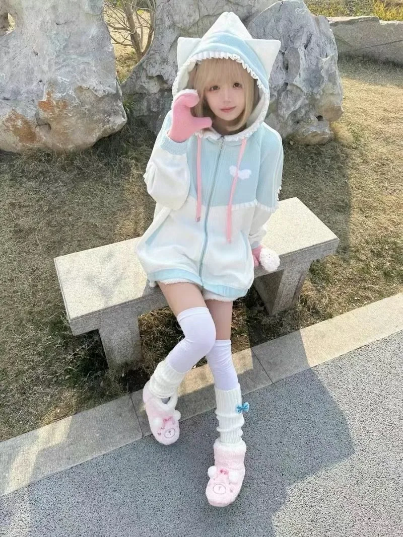 Japanese Kawaii Hoodies Women Casual Cartoon Cat Ears Coat Cute Sweatshirts Women Y2K Aesthetic Patchwork Pocket ​Streetwear view 4