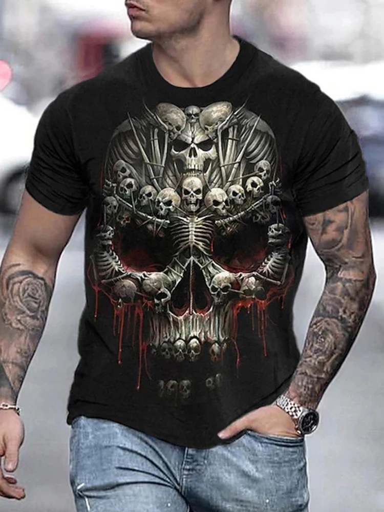 Day Of The Dead Head 3D Demon Skull Print Comfortable Crewneck Fashion Men's T-shirt Outdoor Street Fashion All-in-one Top