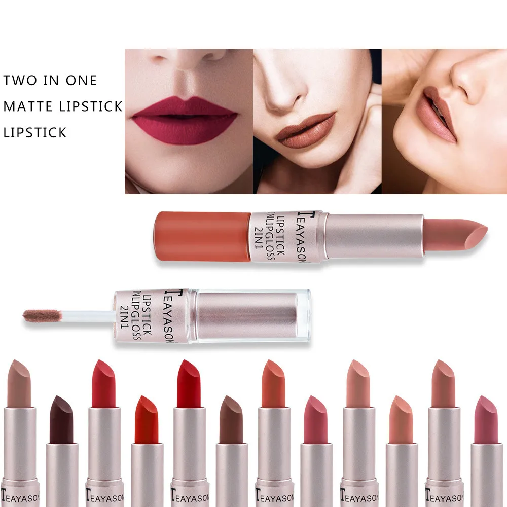 12 Colors Double Head Lipstick 2 in 1 Lip Gloss Matte Lipstick Waterproof Long -lasting Women Lip Makeup Velvet Liquid Lipstick
