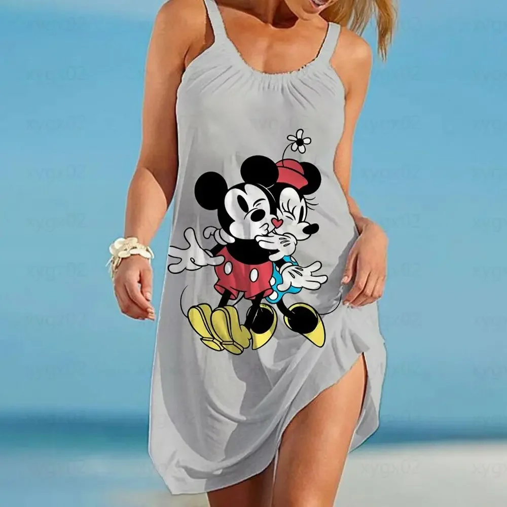 Disney Mickey e Minnie Mouse feminino, vestido boho solto, vestido elegante para praia estilingue, blusa sexy, 2022