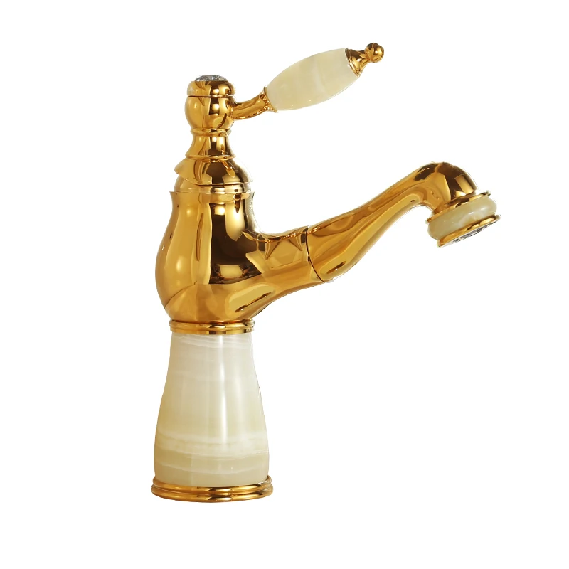 

Retractable faucet Hot and cold washbasin Pull-out type household bathroom Full copper faucet Golden jade faucet