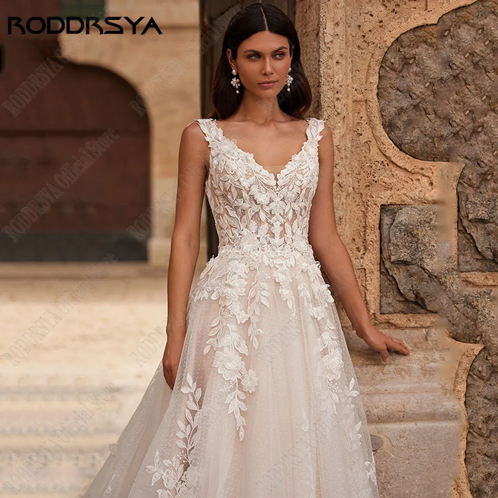 RODDRSYA-Robes de mariée A-Line à col en V, dentelle sur mesure, 2024 fibres appliquées, dos nu, patients BohoRoddrsya V - neck a - word robe de mariée 2024 sans manches applique Floral dos rosé robe de mariée bohème s