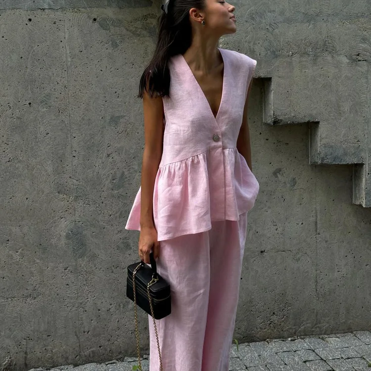 

2026 New Women's Cotton V-Neck Sleeveless Top Vest & Pants Set Solid Color Elegant Commute 2 Piece Set